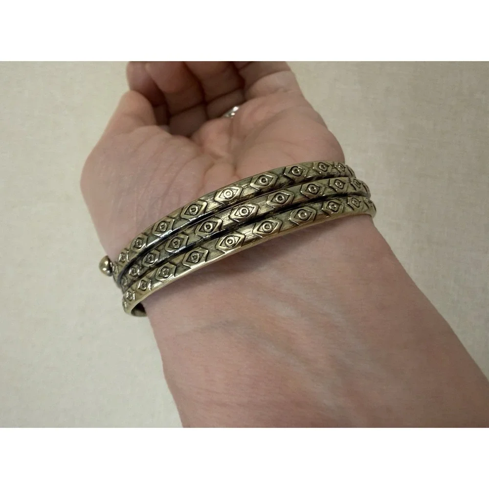 Vintage Brass Evil Eye Triple Band Cuff Bracelet Boho Tribal Adjustable Wide - Picture 10 of 10